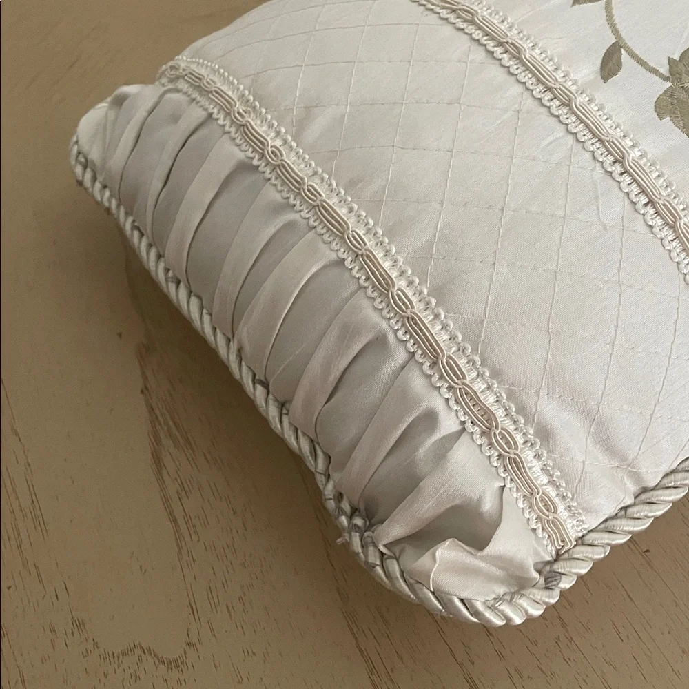Ivory Embroidered Floral Lumbar Pillow 17x11 Quilted Satin Decorative Accent